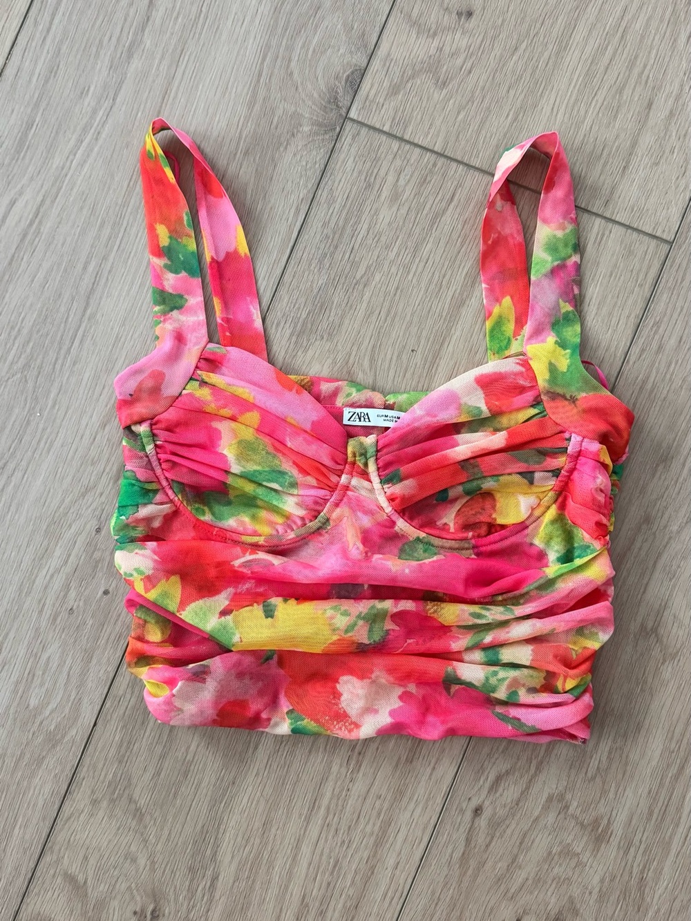 ZARA tulle Floral Ruched Bustier Crop Top